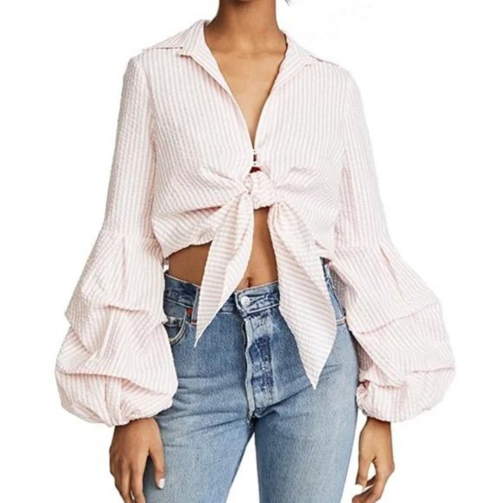 Petersyn Silvia Striped Long Sleeve Cropped Seersucker Top with Puff Sleeves